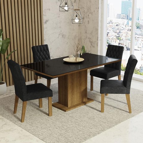Conjunto Sala de Jantar Mesa Tampo de Vidro 4 Cadeiras Rustic/preto/oxford Marilia Madesa