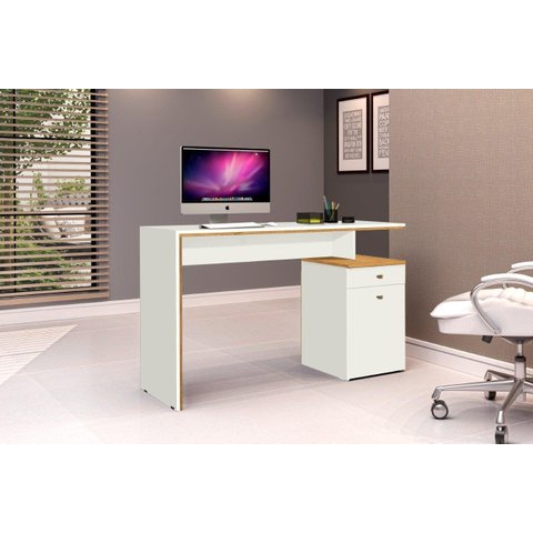 Mesa / Escrivaninha Off Para Escritório Moderna Com Gaveta e Porta Cor Nature/Off White JA