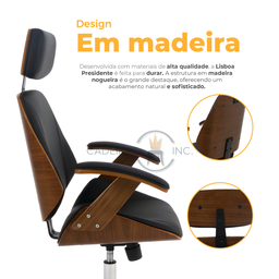 Cadeira de Escritorio Presidente Ergonômica em Madeira com Apoio de Cabeça Estofado Lisboa Preta - 5