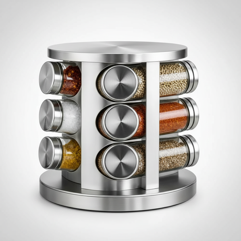 Porta Condimentos Giratório 12 Potes em Vidro e Inox Organizador de Temperos