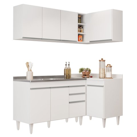 Armário de Cozinha Modulado de Canto Esquerdo 4 Peças Cp48 com Pia Inox Branco - Lumil Lumil Móveis