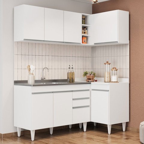 Armário de Cozinha Modulado de Canto Esquerdo 4 Peças Cp48 com Pia Inox Branco - Lumil Lumil Móveis