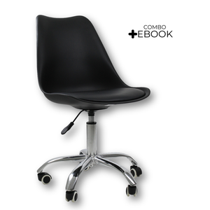 Cadeira Office Base Cromada com Rodizio Giratória Saarinen Preto + E-book