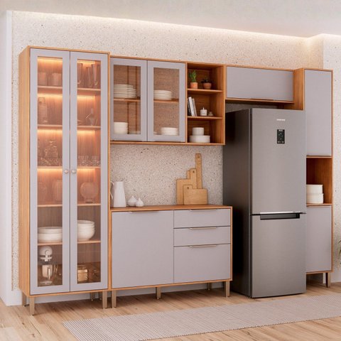 Cozinha Modulada 5 Peças Brilhante com 1 Cristaleira 1 Balcão 2 Armários Aéreos e 1 Torre Bege/Cinamomo/Platina