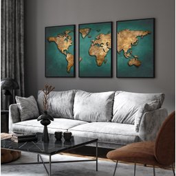 Kit 3 Quadros Decorativos Mapa Mundi Moderno Quarto Sala - 3