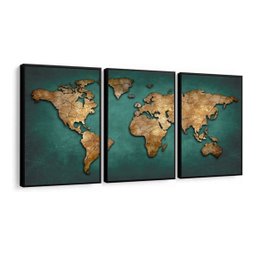 Kit 3 Quadros Decorativos Mapa Mundi Moderno Quarto Sala - 1