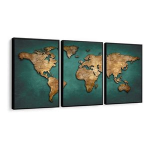 Kit 3 Quadros Decorativos Mapa Mundi Moderno Quarto Sala