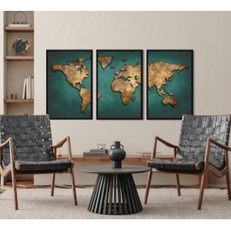 Kit 3 Quadros Decorativos Mapa Mundi Moderno Quarto Sala - 4