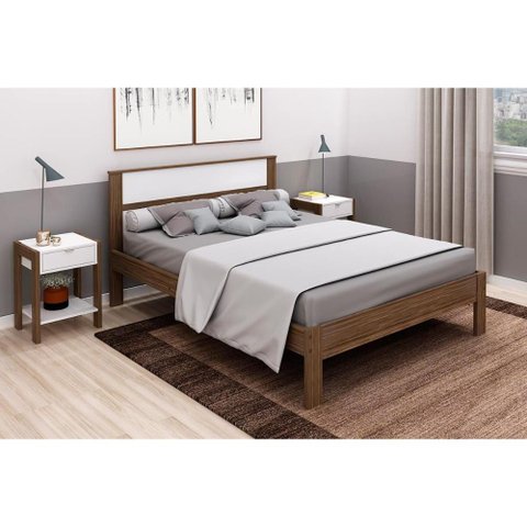Quarto Casal Completo 3 Peças (2 Mesas Cabeceira Az1016 + Cama de Cm8005) Nogal/branco - Tecno