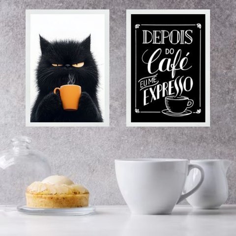 Kit 2 Quadros Café - Gato Mal Humorado 45x34cm - com Vidro:moldura Branca