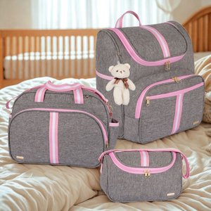 Kit Bolsas Maternidade 3 Peças com Mochila 2 em 1 Bolsa G , Bolsa P e Mochila G - Faixa Luxo Amor:ro