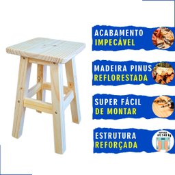 Banqueta Banco Banquinho Baixo de Madeira Maciça Pinus sem Pintura Quadrada Cadeirinha Infantil - 4