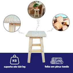 Banqueta Banco Banquinho Baixo de Madeira Maciça Pinus sem Pintura Quadrada Cadeirinha Infantil - 2