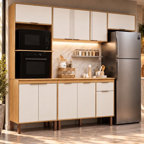 Cozinha Completa Modulada 4 Peças com Tampo Torre Quente para 2 Fornos Espaço para Cooktop Madalena