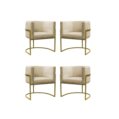 Kit 4 Poltronas Decorativa Carla Base Ferro Dourada Suede Bege