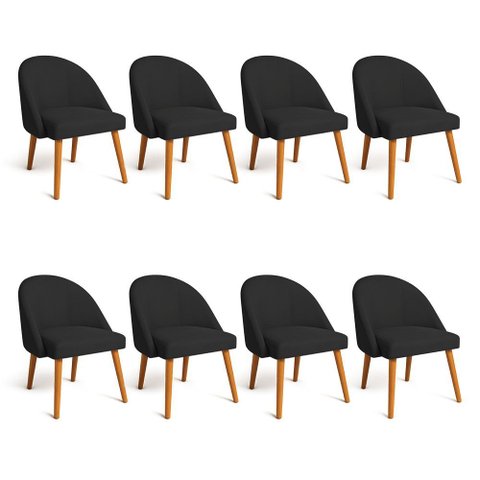 Kit 08 Cadeiras Poltrona de Jantar Luna Suede Preto Pés Palito Castanho - Pallazio