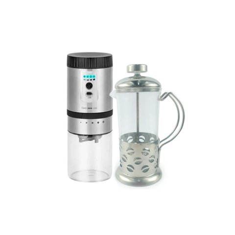 Kit Cafeteira Prensa Francesa de Vidro Modelo Coffee 350ml e Moedor de Grãos de Café Elétrico Carreg