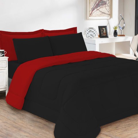 Jogo de Cama Soft Conforto Casal Queen 5 Peças Preto e Vermelho Casa Dona