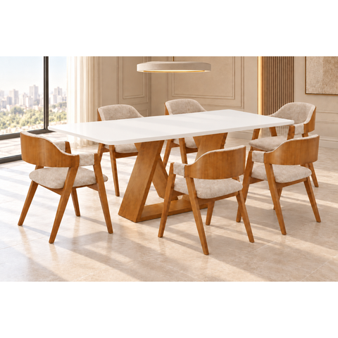 Sala de Jantar 6 Cadeiras Mesa 2,20x1,10 Europa - Imperial:Linho Bege