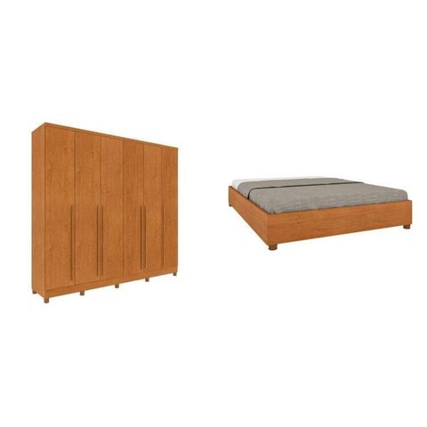 Conjunto Guarda Roupa Casal 6 Portas 8 Gavetas Puxador MDF com Pés Portugal e Cama Casal Monaco Bege