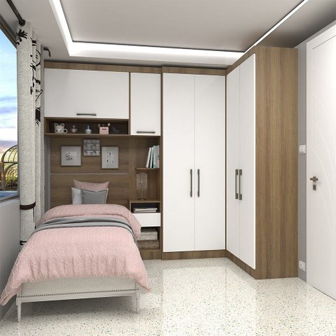Quarto de Canto Solteiro com Guarda Roupas Cabeceira e Mesa de Cabeceira Paris Luciane Móveis