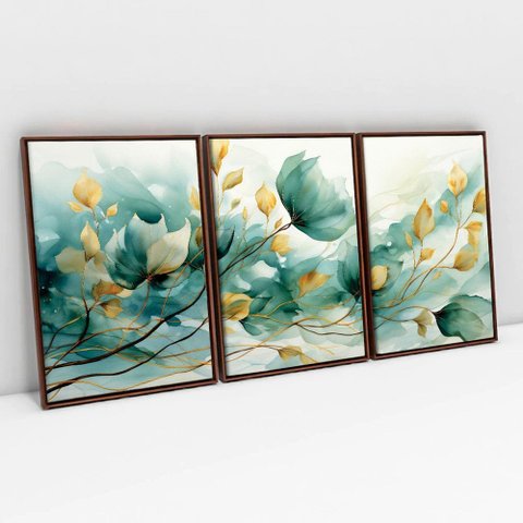 Kit Quadro Decorativo 3 Telas Canvas a Arte Das Flores Tacolado Moldura Flutuante 4,5cm Madeira 80 X