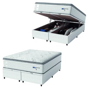 Cama Box Baú Casal Queen Colchão Molas Guarda Costas com Pillow 158x198x81cm Branco/cinza