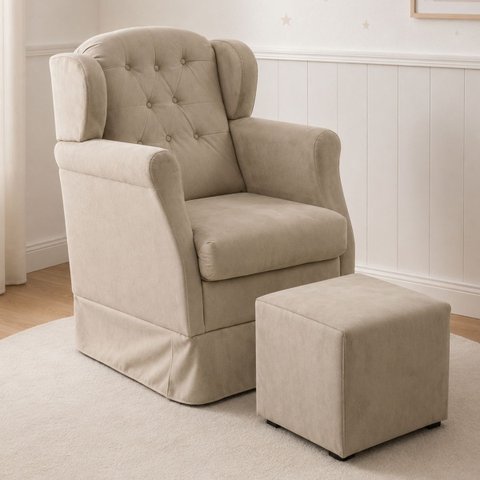 Poltrona Amamentação em Balanço com Puff em Suede Premium