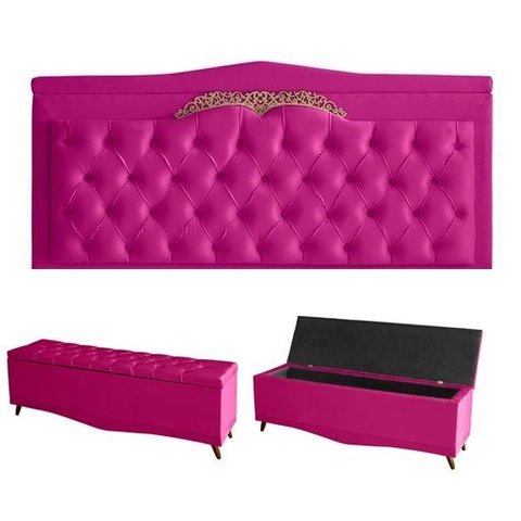 Kit Helena Cabeceira de Cama Painel e Calçadeira Baú King 195 Cm Suede Rosa Pink Eli Móveis e Decora