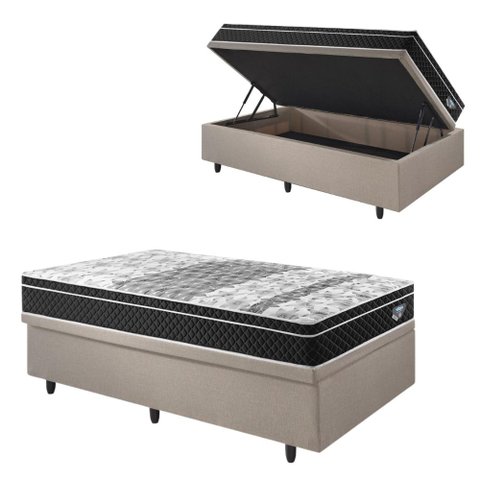 Base Box Baú 88x188 Linho Bege com Colchão Gransleep Molas Verticoil