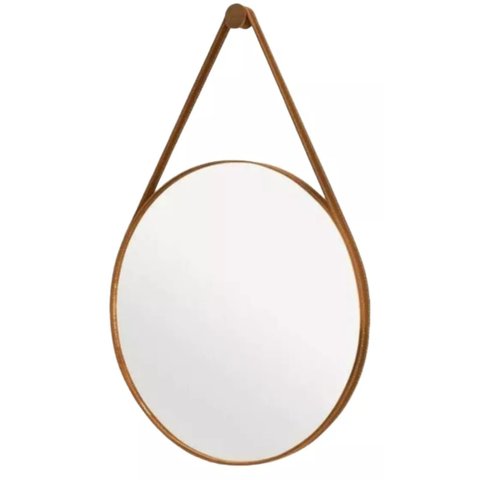 Espelho Redondo Adnet 80cm Moldura e Alça Couro Caramelo + Suporte