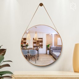 Espelho Redondo Adnet 80cm Moldura e Alça Couro Caramelo + Suporte - 4