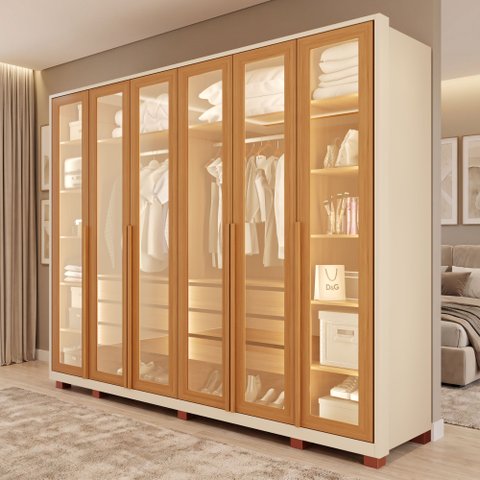 Guarda-Roupas Spectra 100% MDF 6 Portas 6 Gavetas c/ Kit de Espelhos e Pés
