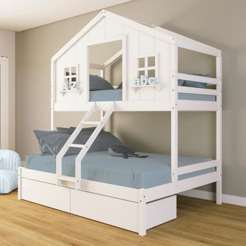 Beliche Casal/ Solteiro Casinha Dos Sonhos com 02 Gavetas Madeira Maciça Branco Housin