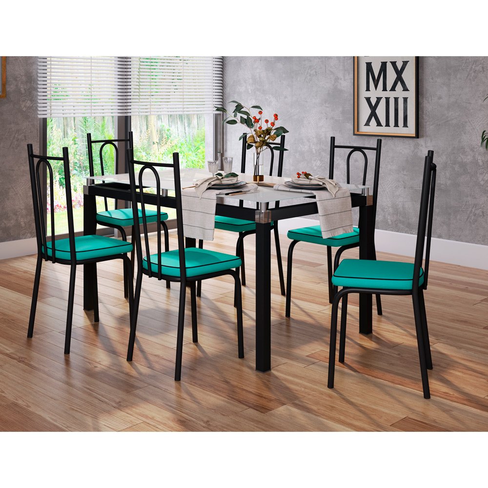 Conjunto De Mesa Malva Com 6 Cadeiras Tampo De Vidro 140cm SF Preto Fosco  Assento Andorinha Artefamol - Combo Stock