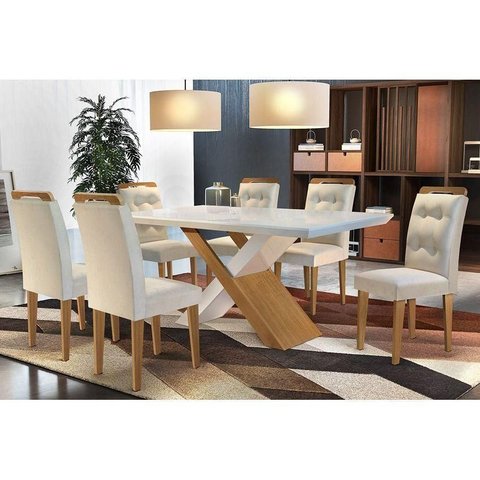 Conjunto: Mesa de Cozinha Imperatriz Tampo Madeirado C/ Vidro Canto Reto 180x90cm e 6 Cadeiras