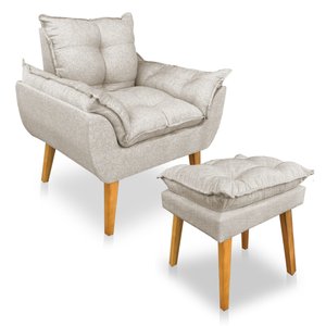 Kit Poltrona Decorativa e Puff Opala Luxo Linho Bege Sky Mobile