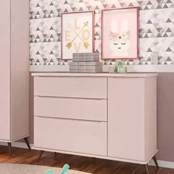 Cômoda Melinda Rosê 100% mdf 3 Gavetas e 1 Porta Phoenix Baby