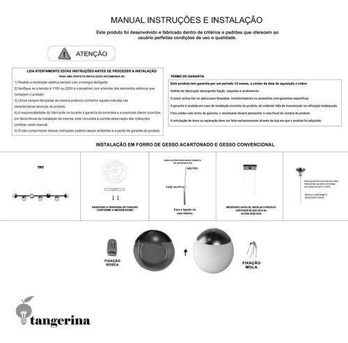 Lustre Luminaria Pendente de Teto Sala de Jantar Jabuticaba 7 Globos Vidro Bivolt - Preto - 110v/220 - 18