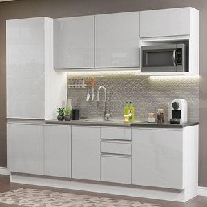 Armário de Cozinha Completa 100% MDF 240cm Frentes Branco Brilho Acordes Madesa 01