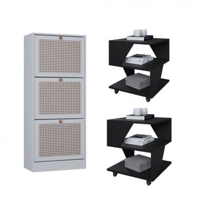 Kit Sapateira Spin Tropical 3 Portas e 2 Mesas de Cabeceira/centro Branco e Preto Poquema