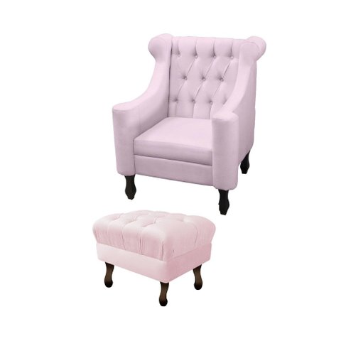 Poltrona de Amamentação Dubai + Puff Retrô Suede Rosa Bebê