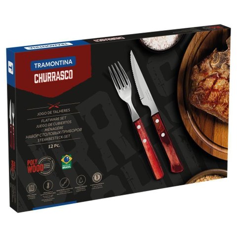 Jogo de Talheres para Churrasco Tramontina em Aço Inox com Cabo Vermelho Polywood 12 Peças