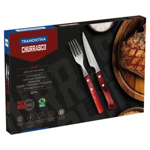 Jogo de Talheres para Churrasco Tramontina em Aço Inox com Cabo Vermelho Polywood 12 Peças