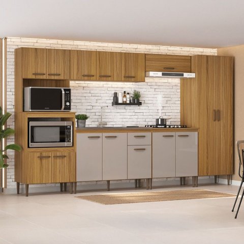 Armário de Cozinha Zella com Balcao para Pia e Cooktop 15 Portas 1 Gaveta Ipê/cristalo - Pnr Móveis