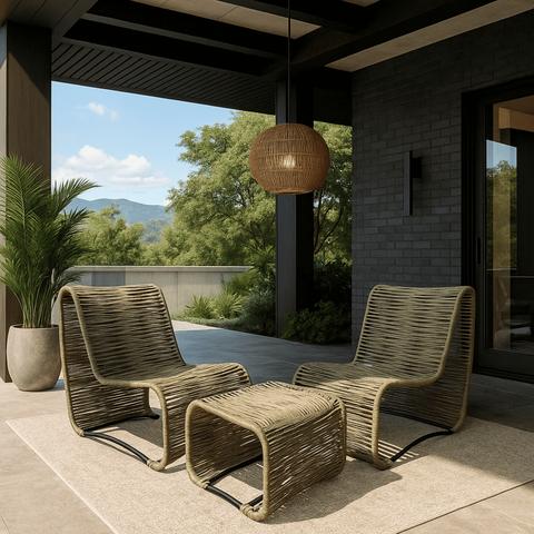 Conj Lotus 2 Poltronas e Puff em Aço para Sala Varanda Gourmet Corda Náutica