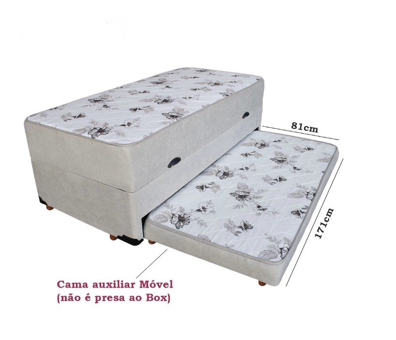 Cama Box Baú Solteiro Conjugada de Mola com Cama Auxiliar Bicama 3 em 1 Suede Bege - 2