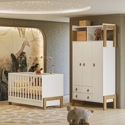 Quarto de Bebê Fantasia com Roupeiro 4375 e Berço Mini Cama 4300 Qmovi Branco Acetinado - 1 Quarto de Bebê Fantasia com Roupeiro 4375 e Berço Mini Cama 4300 Qmovi Branco Acetinado - 1