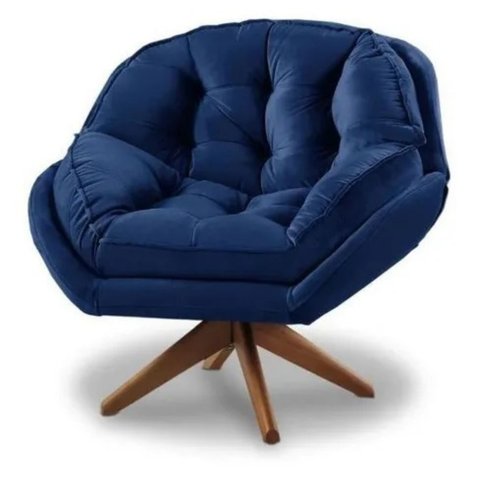 Poltrona Decorativa Califórnia Base de Madeira Giratória Veludo Azul Marinho