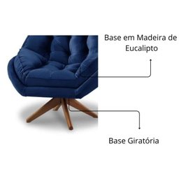 Poltrona Decorativa Califórnia Base de Madeira Giratória Veludo Azul Marinho - 4